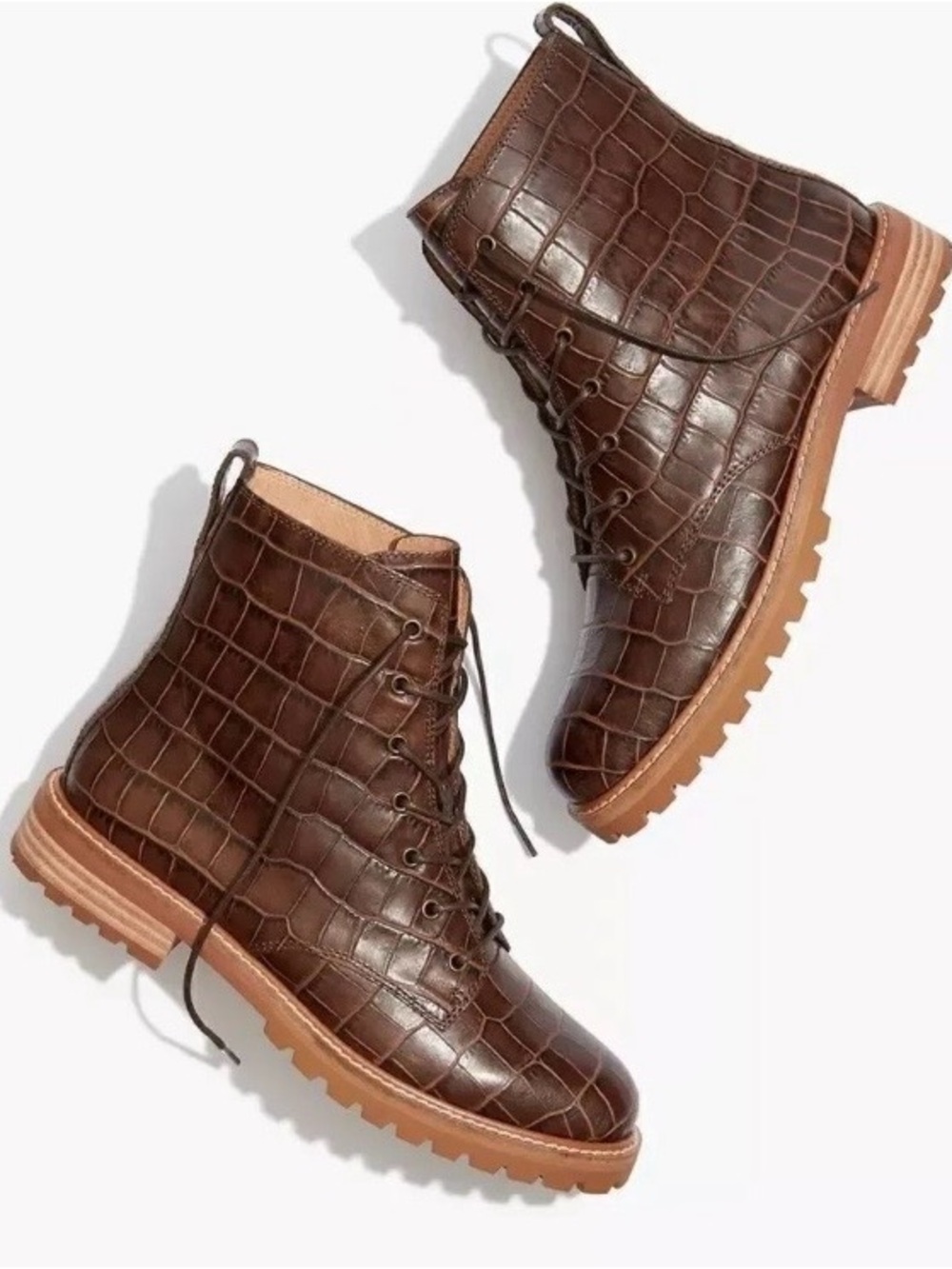 Croc-Embossed Brown Lace-Up Combat Boots